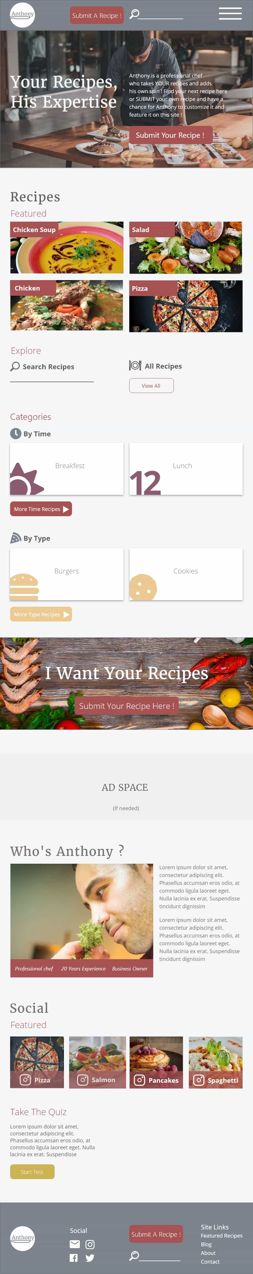 tablet design of a chef website, less whitespace. Title says 'your recipes, his expertise'. Designs contains yellow, red, gray and white color. Text is included and styled. Images of a chef, pizza and food are included in designs